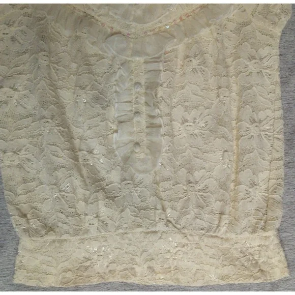 American Rag-Cie Ivory Floral Lace top Nylon/Spandex Medium Sequins, Ruffles - Picture 6 of 8